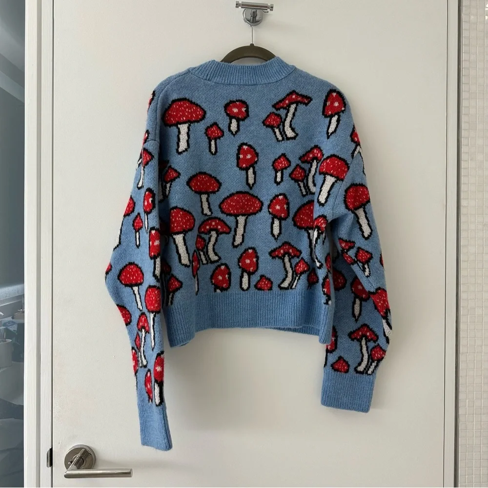 Zara Light Blue Knit Sweater with Red Mushroom Motif